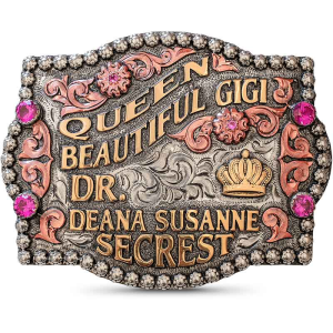 A custom belt buckle for women featuring bronze lettering for Queen Beautiful Gigi Dr Deana Susanne Secrest, with a golden queen crown figure 